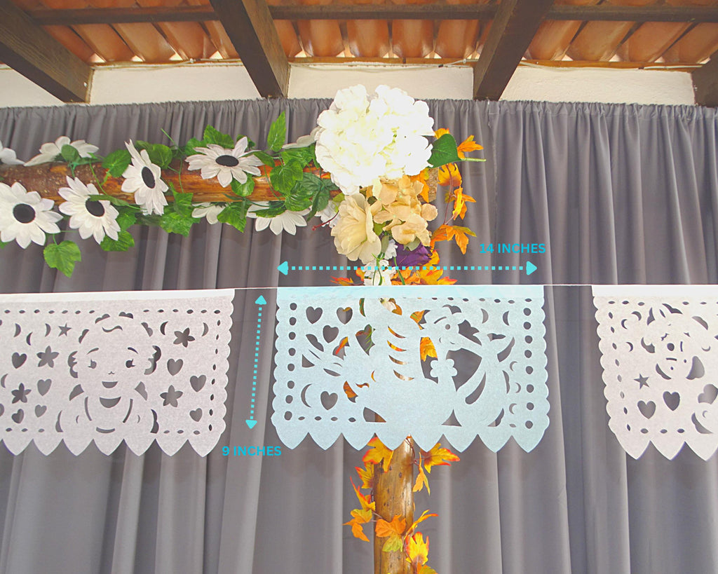 Papel Picado baby shower includes storks, strollers, baby bottles, rocking horse designs